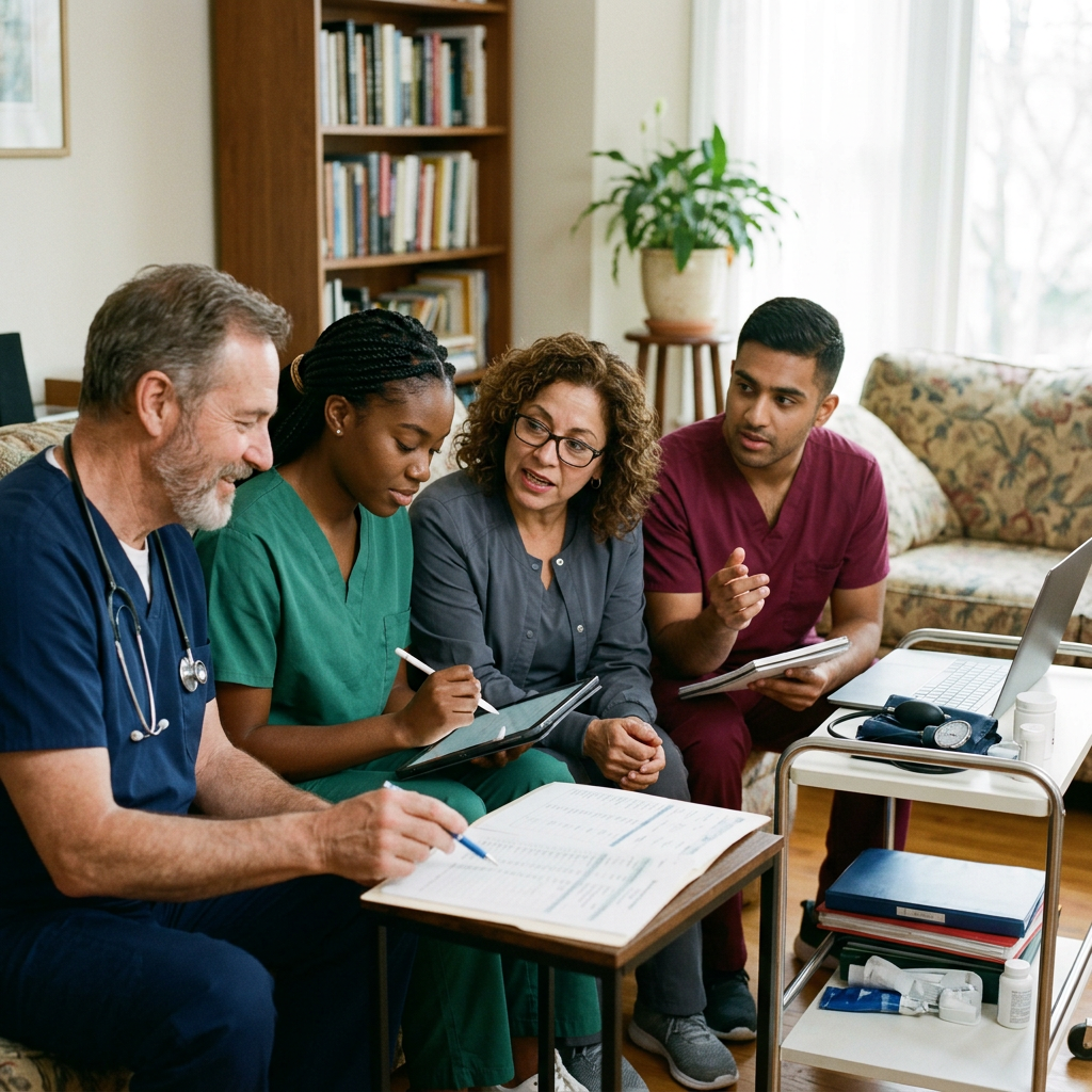 Four healthcare professionals discussing patient data in a home setting