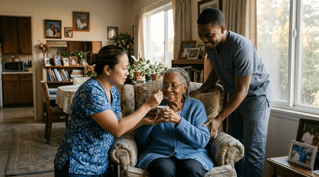 Nursing assistant feeding elderly woman sitting in armchair at home