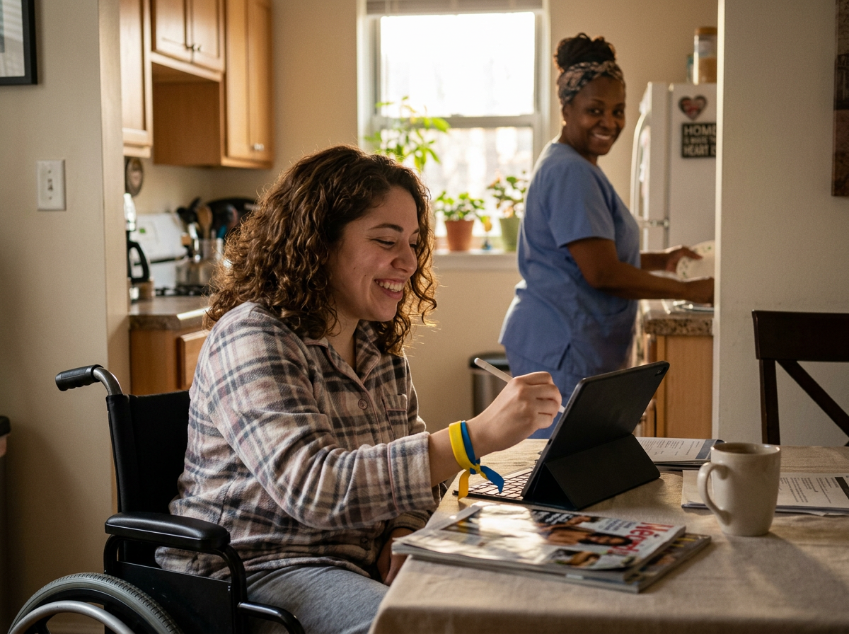 Young woman in wheelchair using tablet with smiling caregiver in kitchen