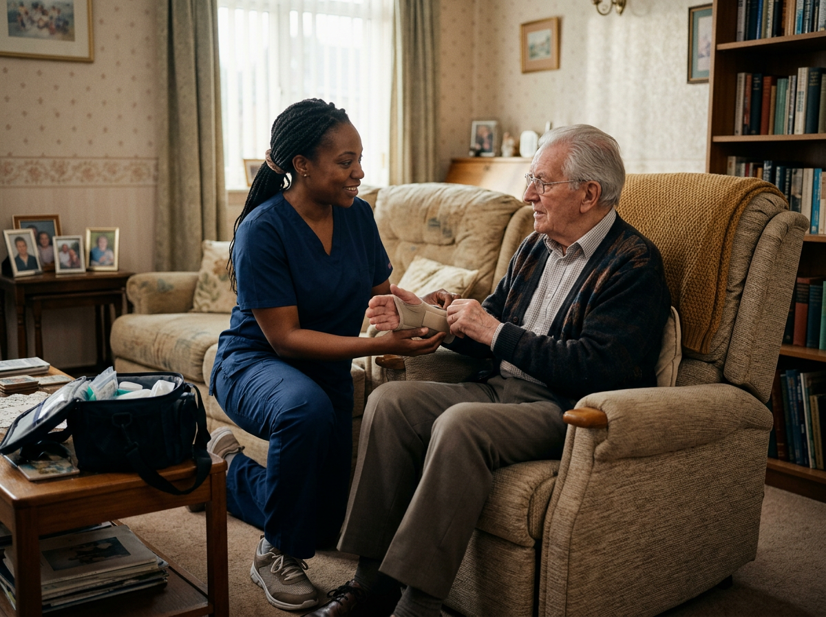 Nurse helping elderly man with wrist brace at home