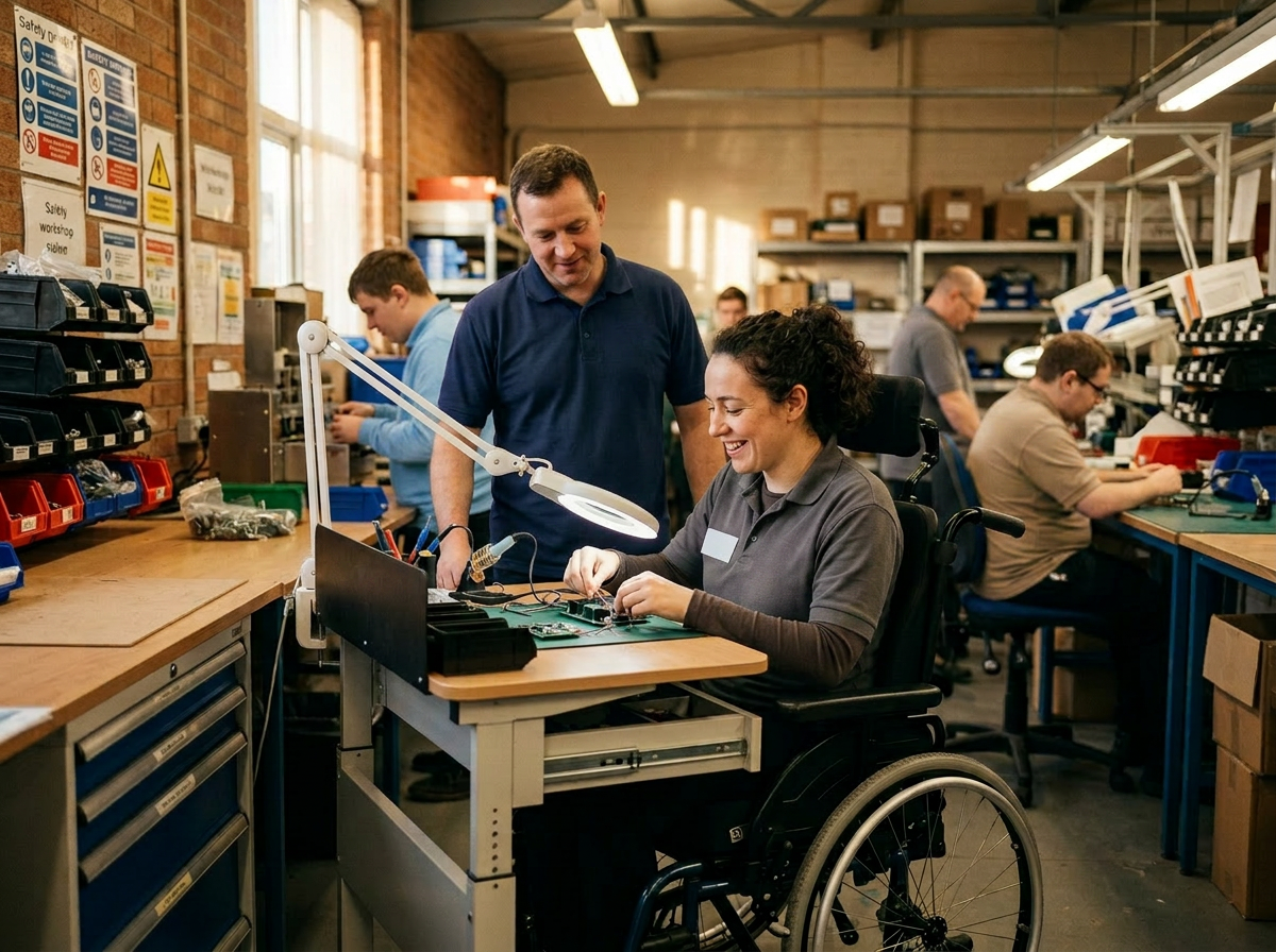 People working together on electronics assembly in a workshop, including a woman in a wheelchair.
