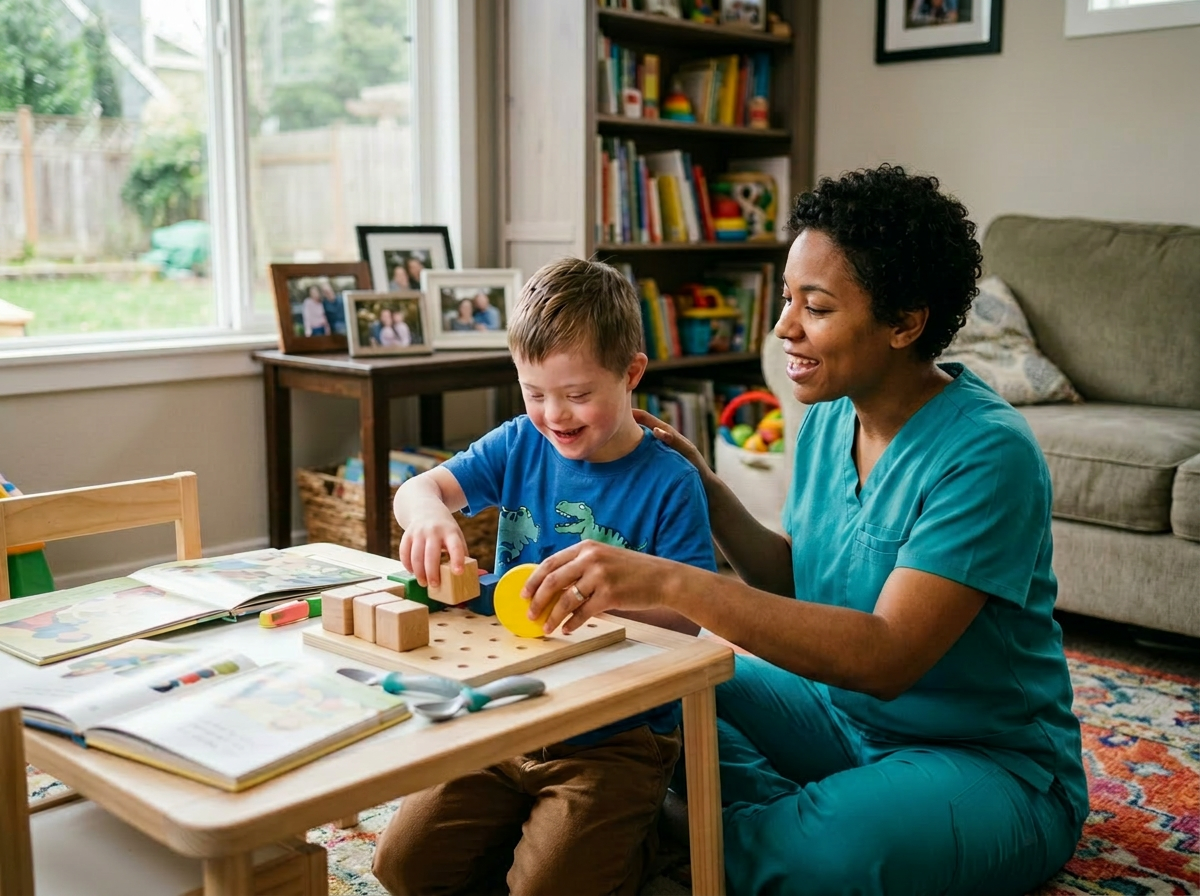 Child and caregiver playing with wooden blocks at a small table indoors