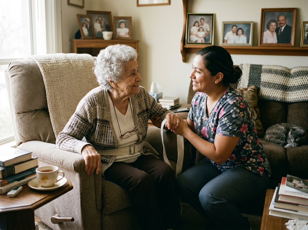 Nurse holding hands and smiling with elderly woman sitting in armchair