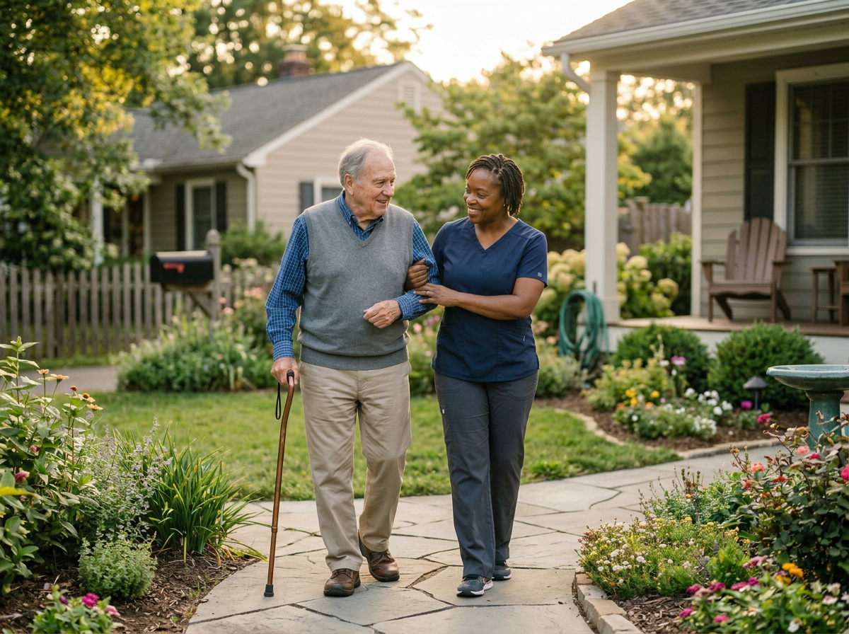 Caregiver assisting an elderly man walking in a park with a cane